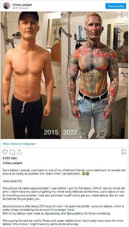 Tattoo addict inks 95 percent of his body, reveals what he looked like just 5 years ago