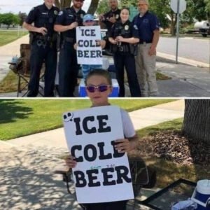 Police are called on boy selling ‘Ice Cold Beer’ but his clever sign has them laughing