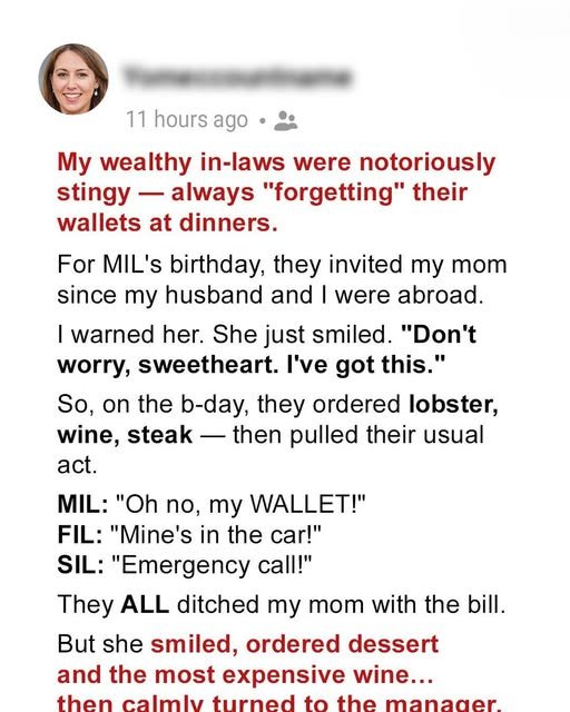 My In-Laws Walked Away from Dinner Without Paying — My Mom’s Clever Response Surprised Everyone