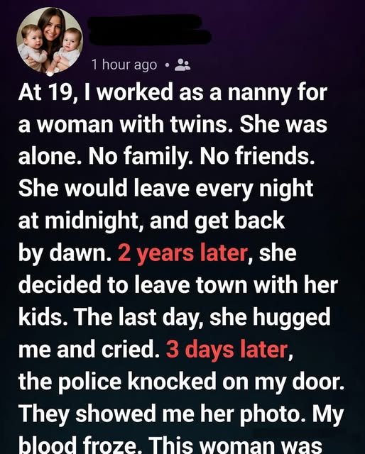 A woman quietly leaving a house at night under a street lamp.