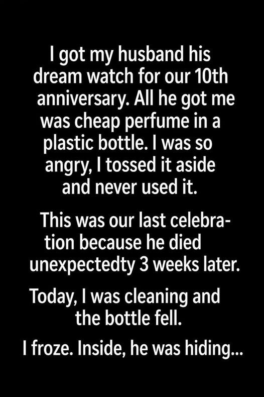 A woman sitting alone holding a small perfume bottle and a handwritten note.