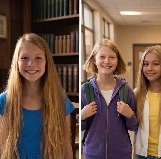 A 12-year-old girl with short hair standing next to her classmate at school.