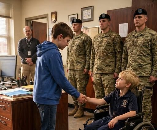 A young boy helping his friend in a wheelchair during an outdoor school activity.
