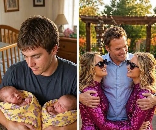 A father sitting with his twin daughters, teaching them how to sew by touch.