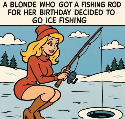 A confused woman standing with a fishing rod on a smooth ice surface.