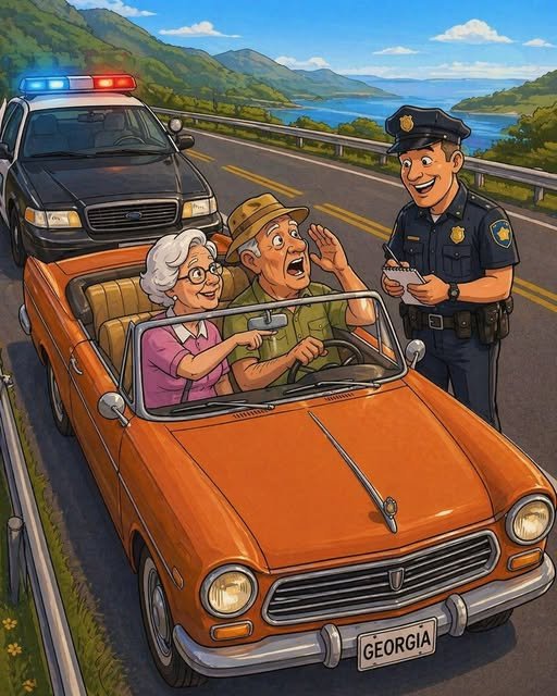 An elderly couple laughing together in a car during a sunny road trip.