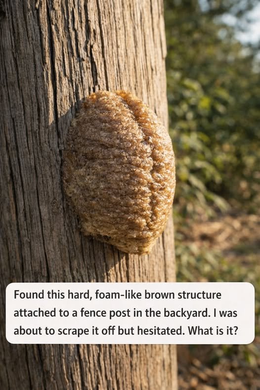 A brown, foam-like praying mantis egg case attached to a wooden fence.