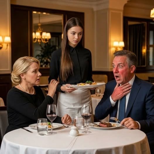 Billionaire businessman emotionally speaking with young waitress inside upscale New York restaurant.