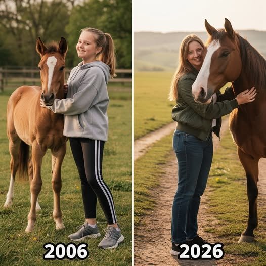 A woman stands in a sunlit barn, gently petting her elderly horse, Spirit, who nuzzles her hand as sunlight streams through the stable doors.