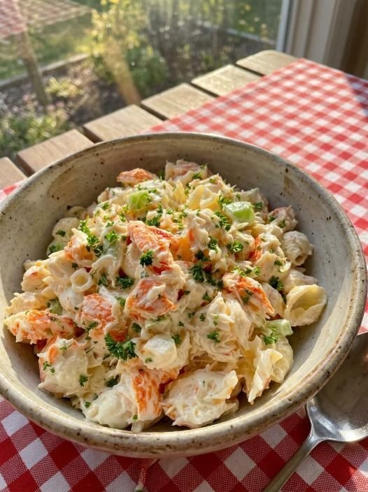 Bowl of creamy crab-style seafood salad with imitation crab, celery, and herbs served chilled.