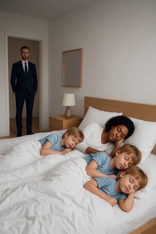"A determined Black woman standing confidently in a luxurious mansion, surrounded by three mischievous young boys, symbolizing order amidst chaos."