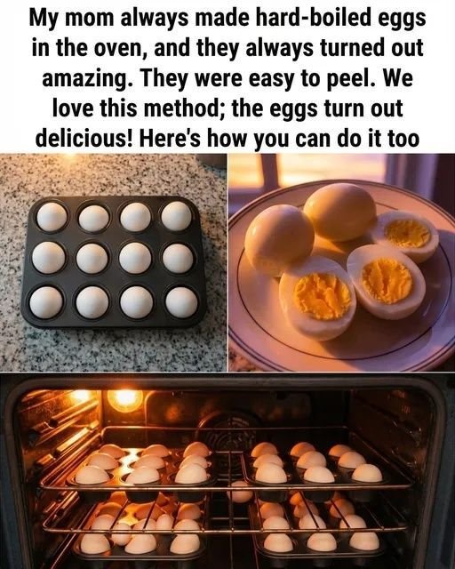 "Hard-boiled eggs freshly baked in the oven, placed in a muffin tin, ready to be cooled in an ice bath."