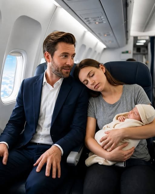 "A young mother holding a crying baby on an airplane, her expression a mix of exhaustion and determination, while passengers around her look away in frustration."