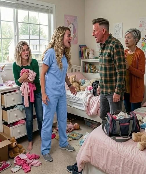 "A tired nurse in scrubs standing in a dimly lit living room, her parents looking nervous as she calmly confronts them about her missing daughter."