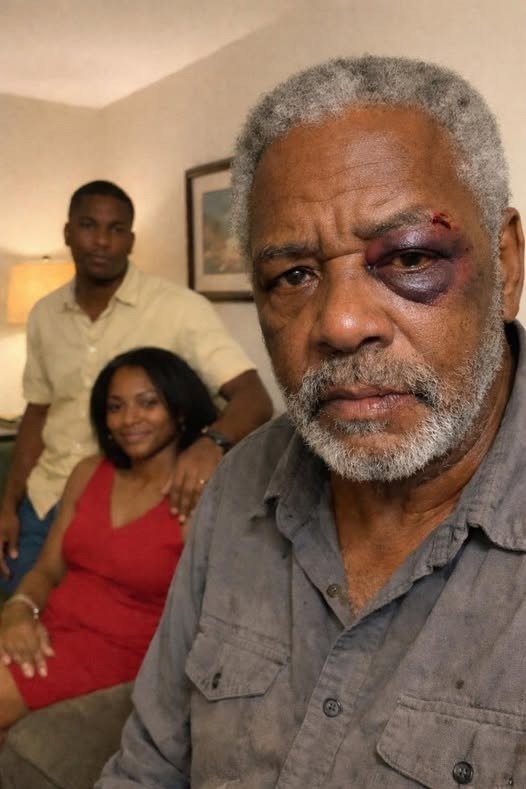 "An older man with a bruised face sitting at a table, signing documents, while his son looks shocked in the background, realizing he’s lost everything."