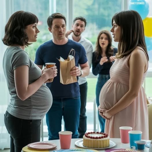 "A pregnant woman standing in the doorway of a baby shower, her expression confident as she calls out to the husband, while the host looks stunned."