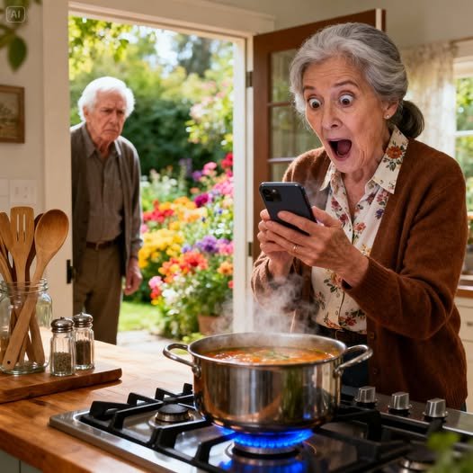 "An elderly woman holding a smartphone, her face pale with shock as she reads a text message that reveals her daughter is alive, shattering years of grief."