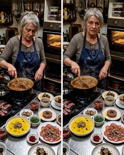 "An elderly woman in a kitchen, exhausted but determined, preparing elaborate dishes while guests celebrate in the background, unaware of her sacrifice."