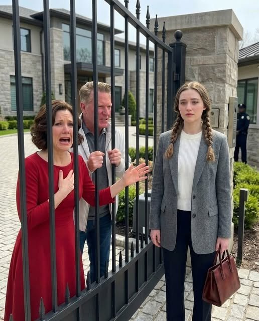 "A young woman standing outside a house at night, barefoot and determined, as her parents look shocked from the doorway, realizing their mistake."