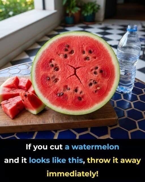 "A close-up of a cut watermelon showing bright red flesh next to a spoiled section with dark spots and mold, highlighting the differences."