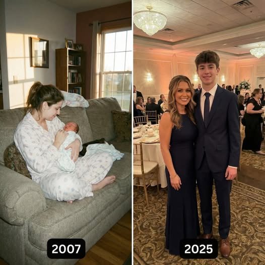 "A mother and daughter in matching blue silk dresses, smiling as they prepare for a prom night that honors the mother’s missed milestone."