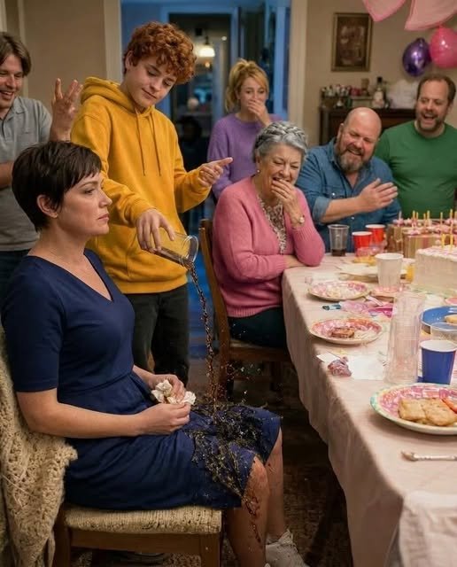 "A woman standing at a dining table, her expression calm but determined as she holds a velvet box, while her family laughs in the background, unaware of the change coming."