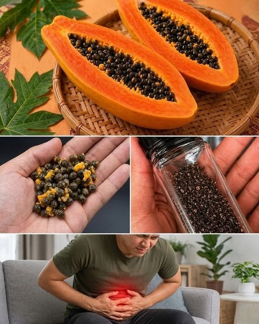 "A close-up of papaya seeds scattered on a wooden spoon, showcasing their small, black, and glossy appearance, with a halved papaya in the background."