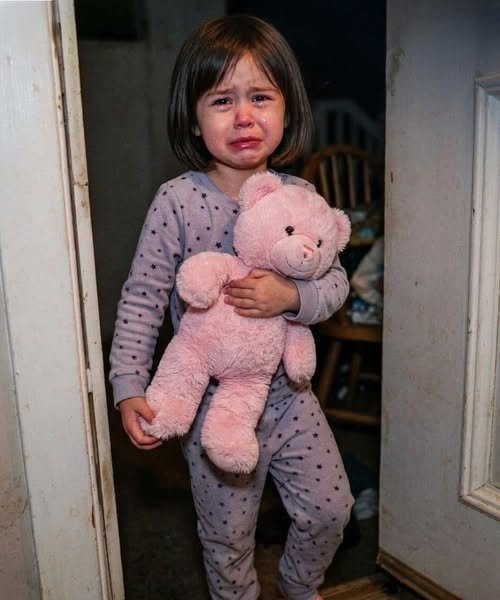 "A young child holding a stuffed animal, looking up with wide, serious eyes as she speaks into a phone, her small frame illuminated by a nightlight in a dimly lit room."