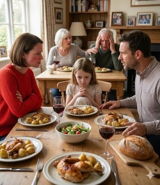 "A tense family dinner scene with a woman looking shocked, a man calmly holding a phone, and a sister-in-law standing defiantly, as a television screen in the background displays security footage."
