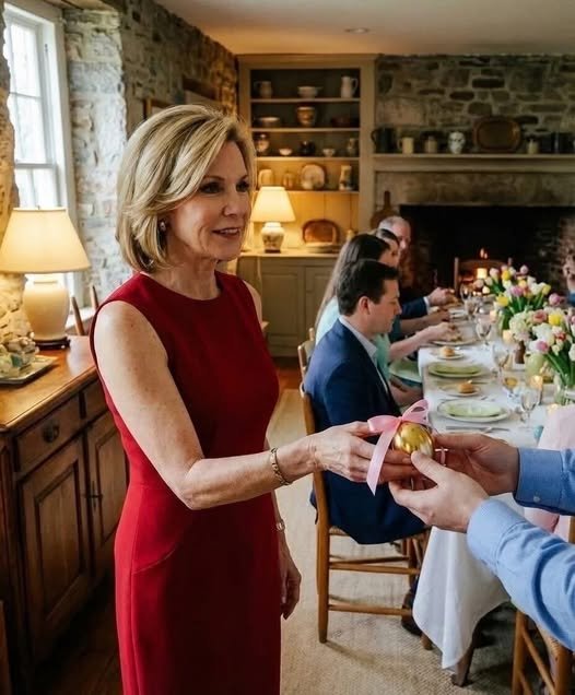 "A woman holding a golden Easter egg, her expression shifting from confusion to shock as she reads the inscription inside, while her husband looks on nervously and guests watch in stunned silence."