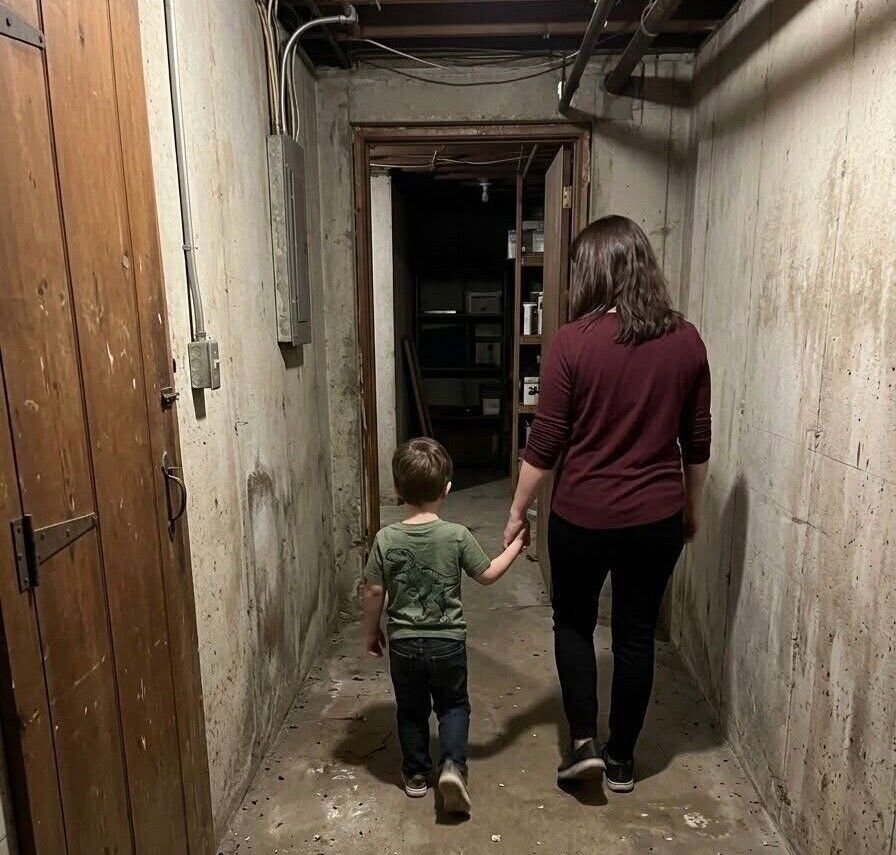 "A brightly painted basement filled with sewing supplies, where a young boy stands beside a sewing machine, surprising his mother."