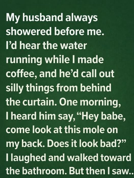 Couple in a bathroom discovers an unexpected concern on the husband’s back during their usual morning routine, leading to a meaningful conversation.