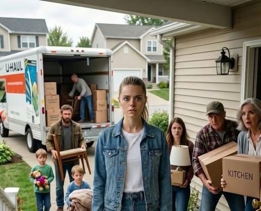 Woman standing in shock inside her home while family members move furniture and boxes into the house.