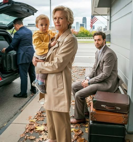 Businesswoman finding her son holding a baby on a park bench after being fired
