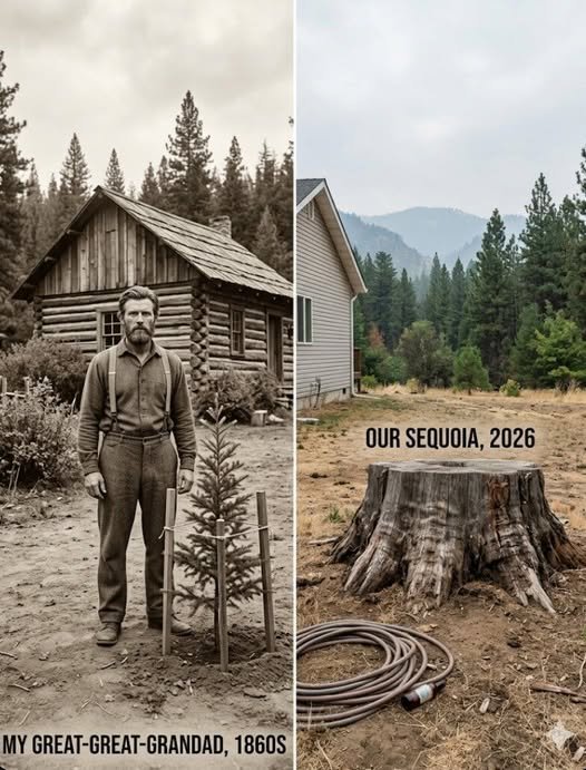 A family stands in shock in front of a freshly cut stump where a giant sequoia once stood, while a neighbor looks on with a guilty expression, holding a wooden cane.