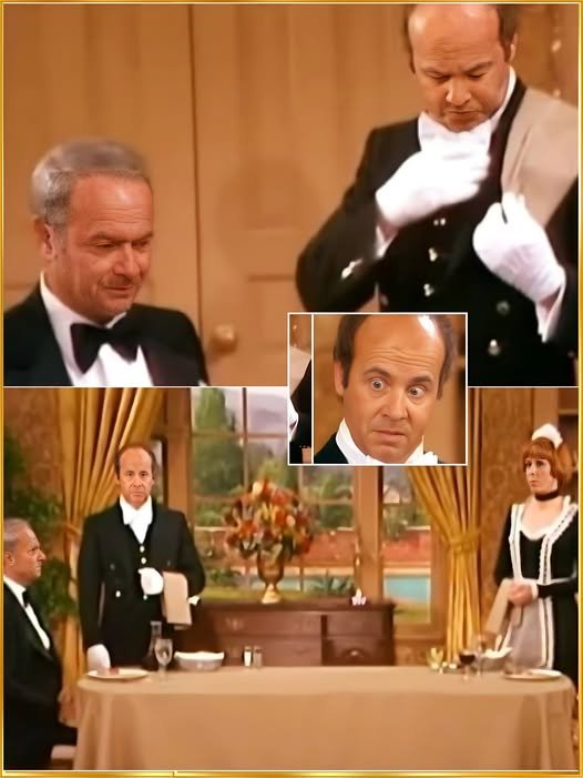 A black-and-white still from The Carol Burnett Show, with the cast mid-laugh, their expressions a mix of shock and amusement as a butler in the background moves in exaggerated slow motion.