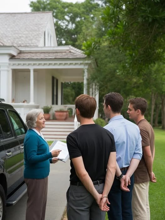 An elderly woman stands at her front door, her expression calm but determined, as her son and his in-laws look on with shock and realization.