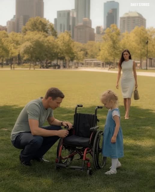 Boy helping a disabled girl in a park while his father watches from a bench