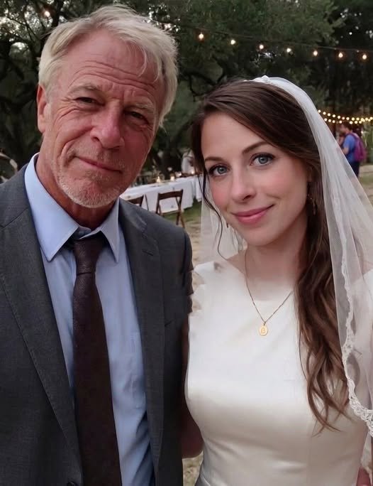 A woman in a simple wedding dress stands beside an older man in a suit, their expressions a mix of relief and newfound understanding, with two children smiling between them.