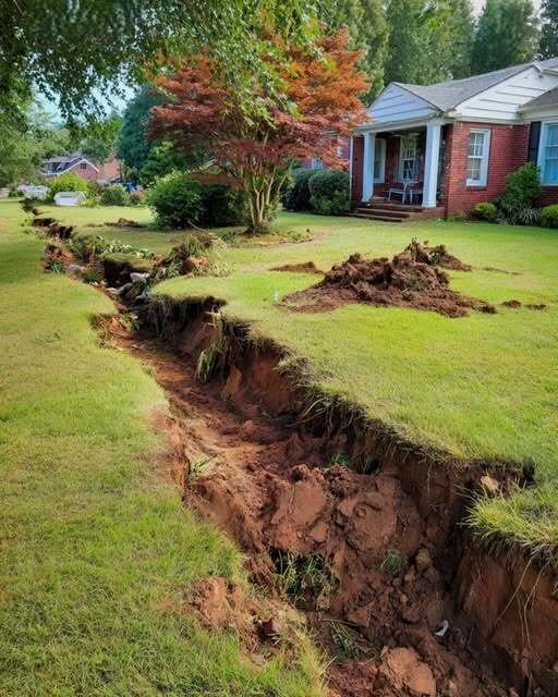 Damaged front lawn with trenches after unauthorized neighborhood construction work