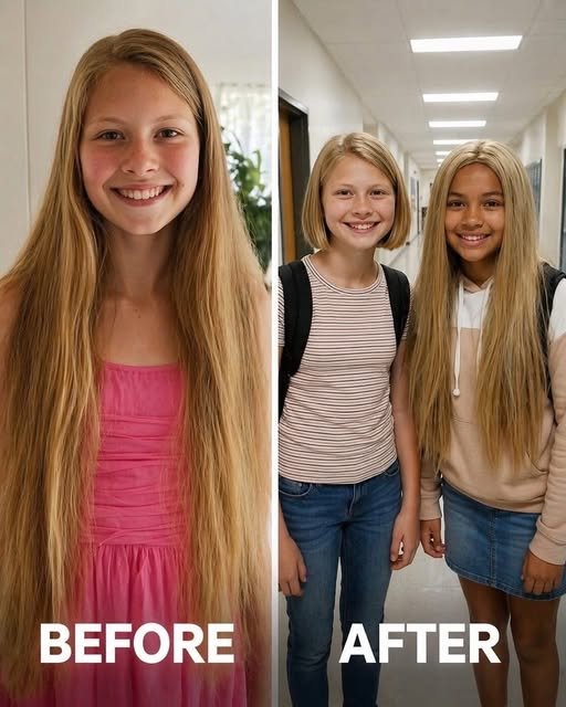 Mother arriving at school after men ask for her daughter while child holds donated hair wig