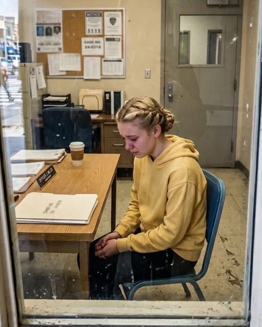 A young girl sits wrapped in a blanket at a police station, her expression a mix of relief and fear, as her mother stands beside her, her face a mask of shock and determination.