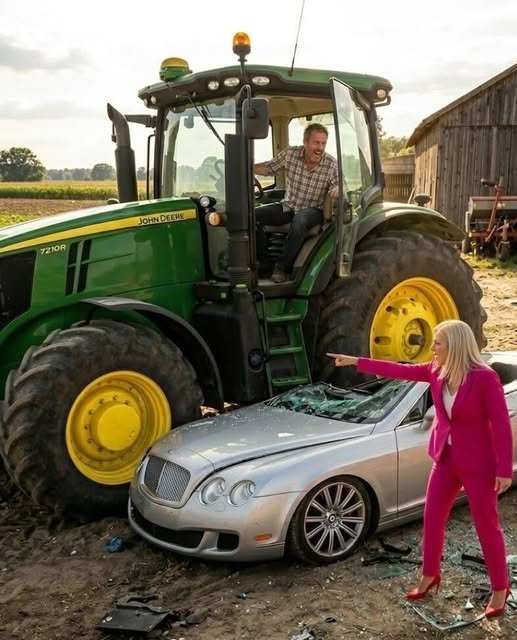 Farmer using tractor near barn after luxury car blocks access to livestock area