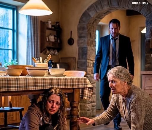 Woman hiding beneath a kitchen table while overhearing her husband argue with her grandmother about property ownership.