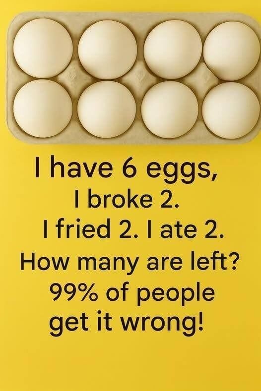 Six eggs arranged beside a brain teaser question challenging logical thinking