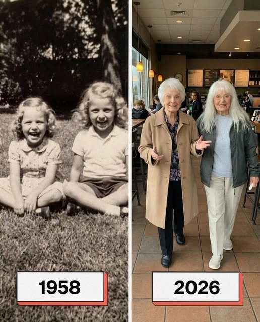 Two older women sit across from each other at a café table, their expressions a mix of shock, joy, and recognition as they hold hands.