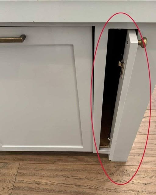 A sleek kitchen with a narrow filler pull-out cabinet open, revealing neatly organized spices, utensils, and cleaning supplies, showcasing its practicality.