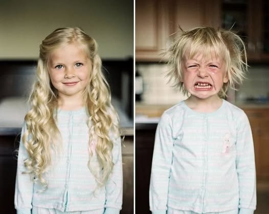 Young girl with freshly cut hair looking upset while her mother confronts grandmother in a family kitchen.