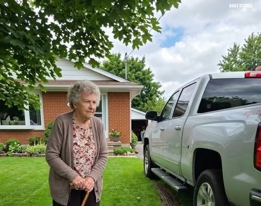 Elderly woman confronting neighbors after a pickup truck is parked on her lawn, leaving tire tracks on the grass.