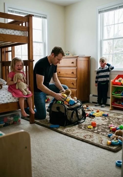 Mother comforting two crying children after their father removes toys from their bedroom during a tense family confrontation.